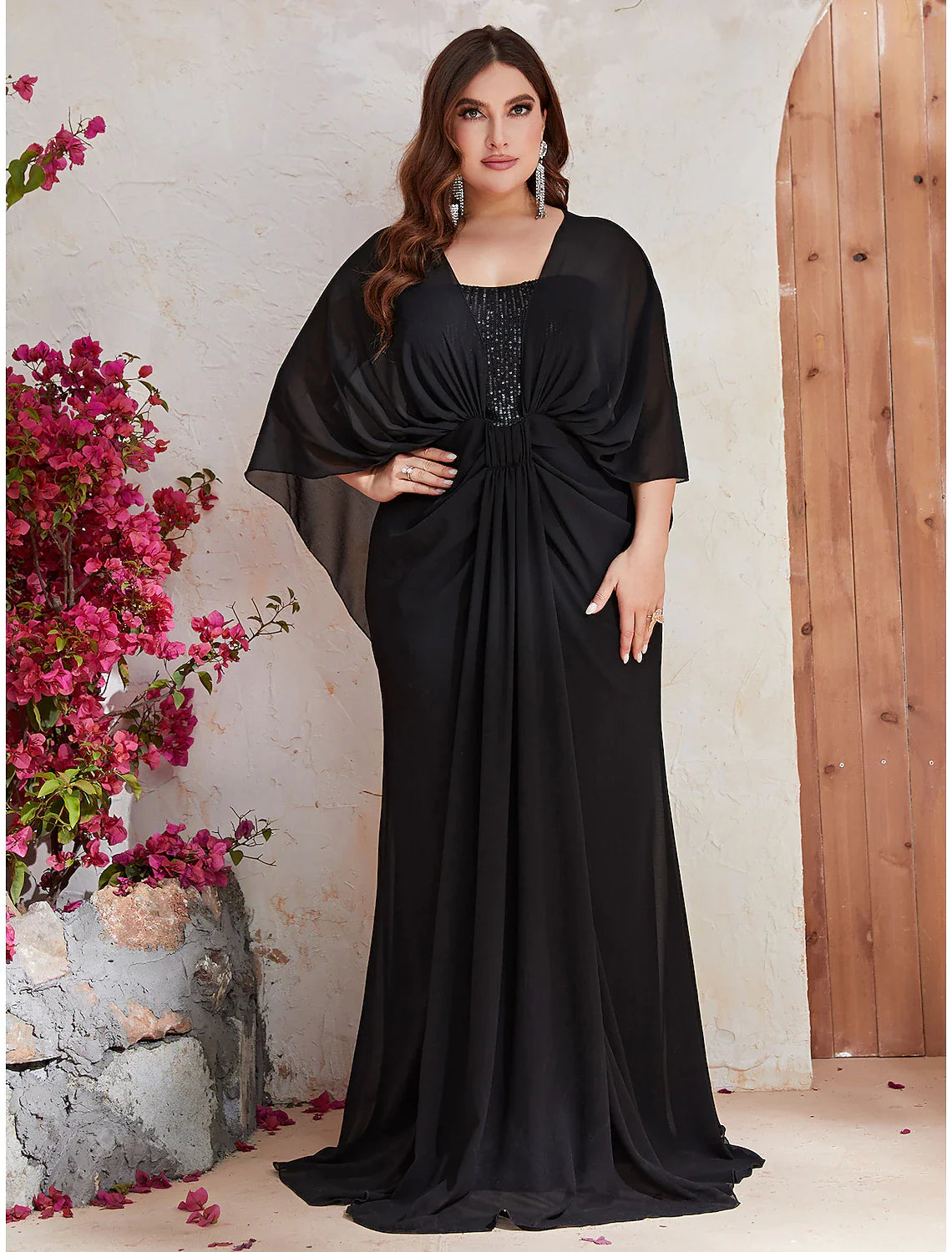 Mermaid / Trumpet Wedding Guest Dresses Plus Size Dress Formal Evening Party Dress Sweep / Brush Train Long Sleeve V Neck Polyester with Sequin Shawl