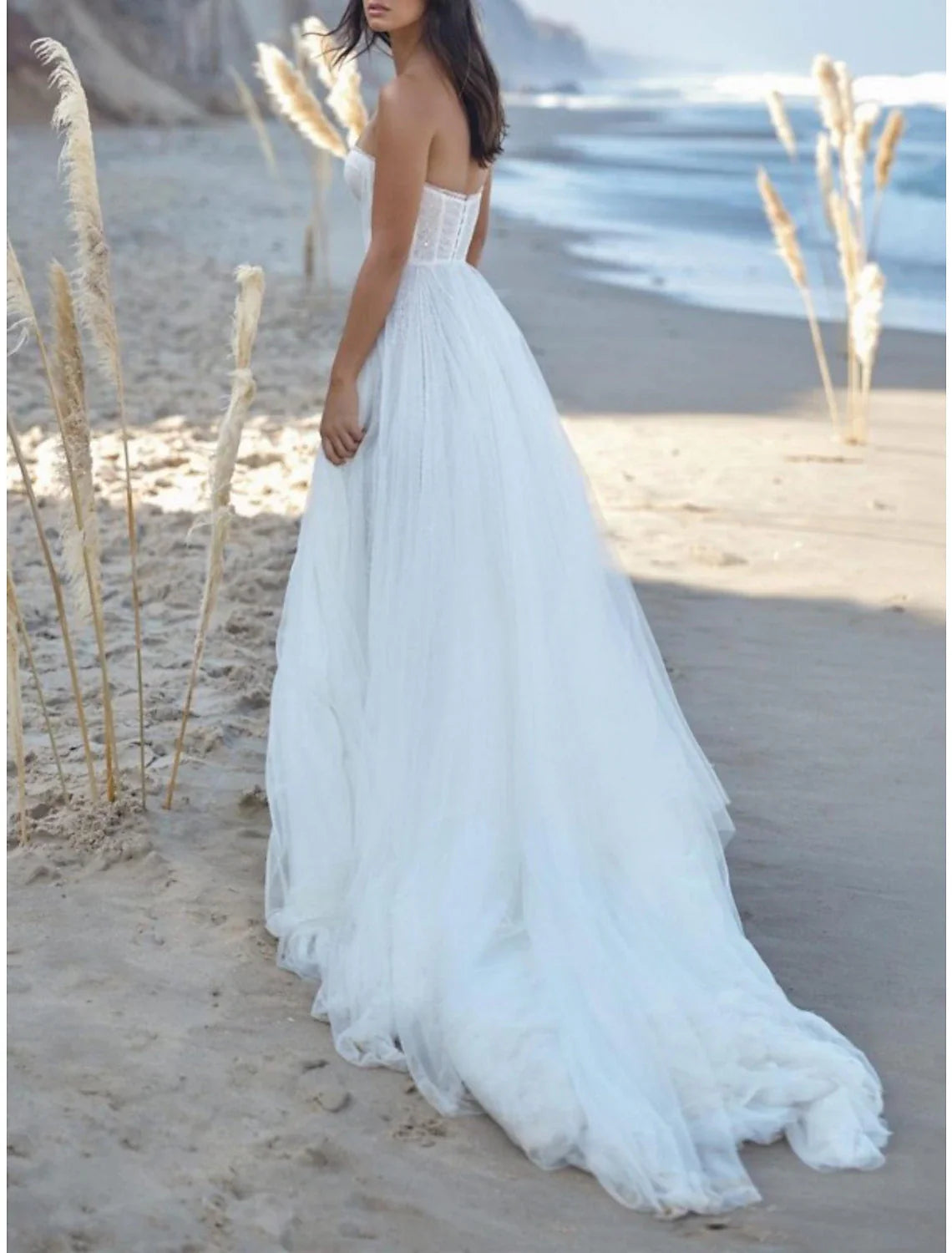 Aimishang Beach Sexy Wedding Dresses A-Line Sweetheart Strapless Court Train Lace Bridal Gowns With Pleats Split Front