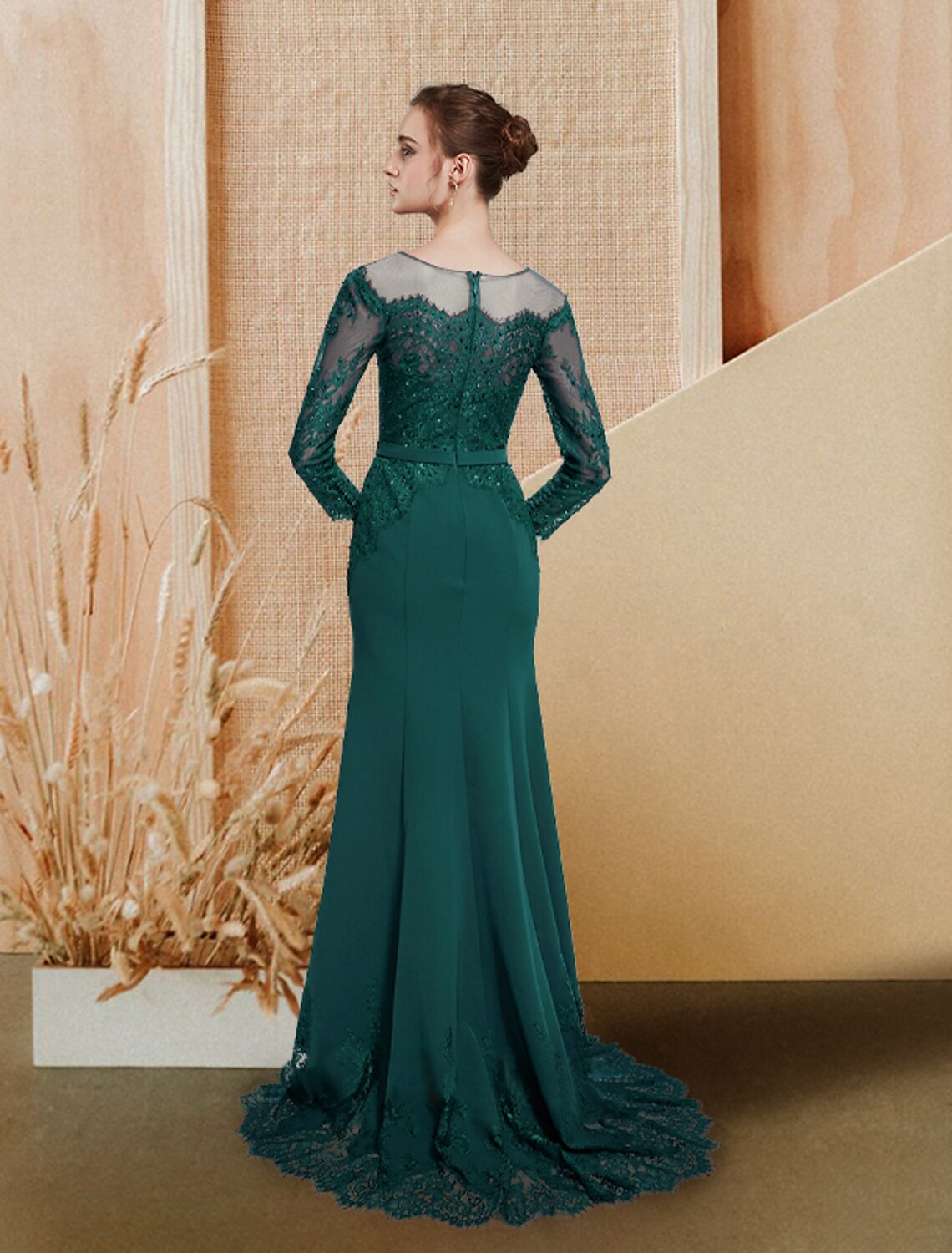 Mermaid / Trumpet Evening Gown Luxurious Dress Wedding Guest Engagement Sweep / Brush Train Long Sleeve Jewel Neck Chiffon with Bow(s) Sequin Appliques