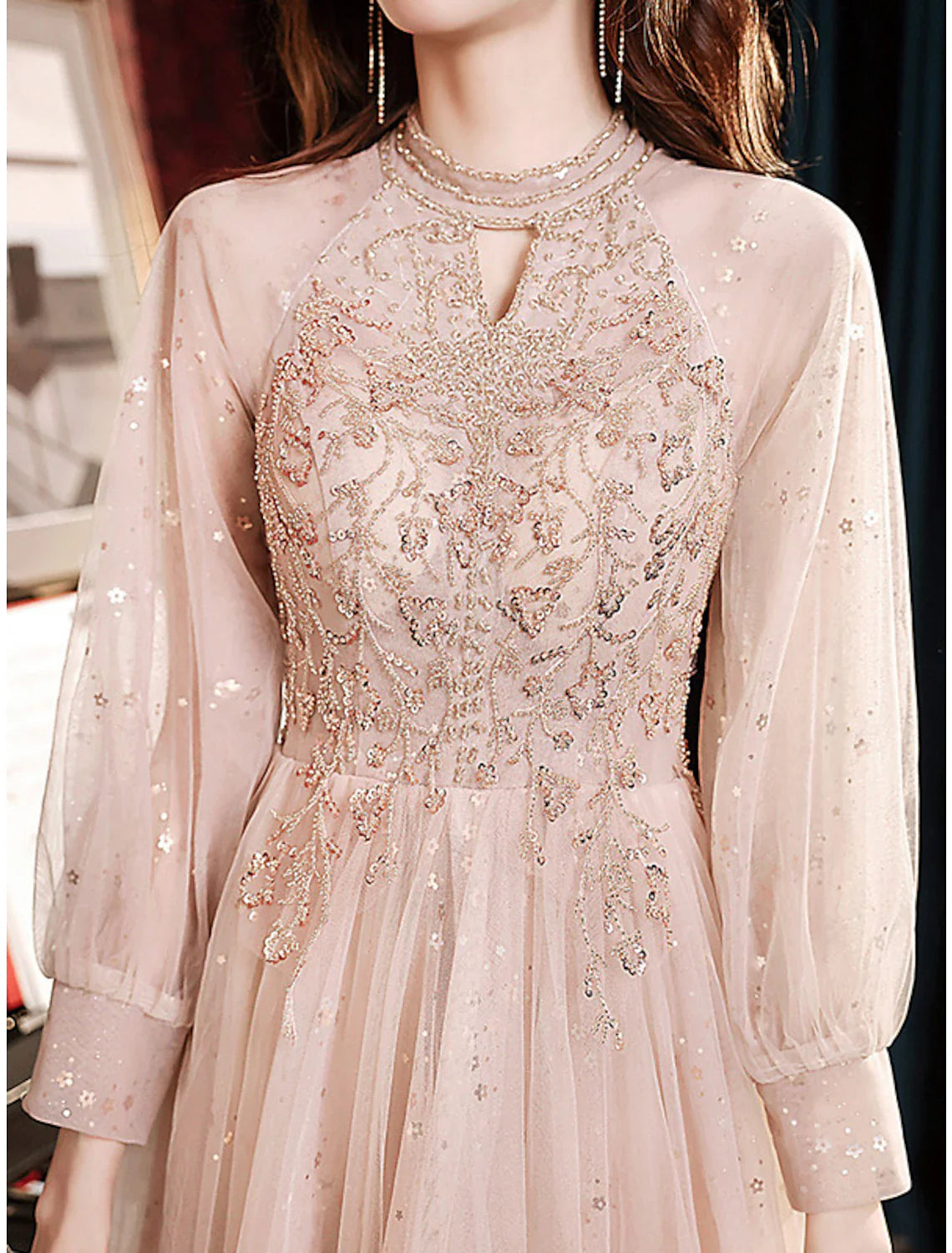 A-Line Sparkle Princess Prom Formal Evening Dress Jewel Neck Long Sleeve Floor Length Tulle with Pleats Beading Sequin