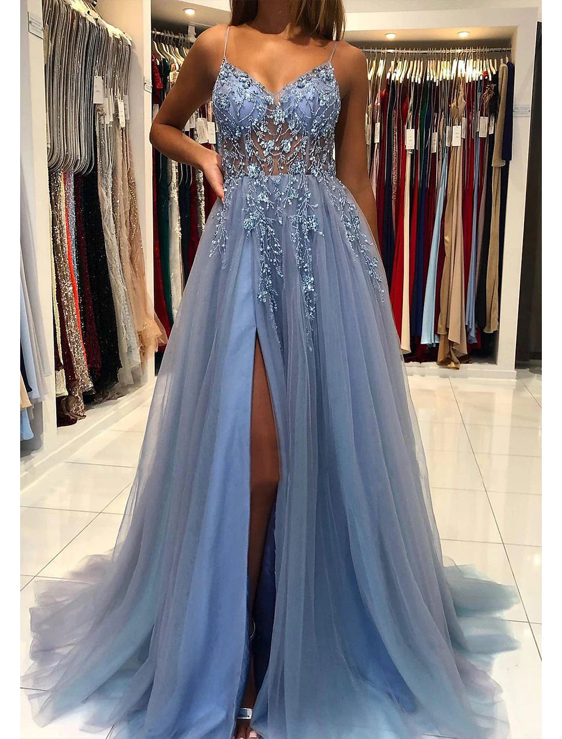 Aimishang A-Line Prom Dresses Evening Gowns Dress Formal Wear Dresses Wedding Guest Court Train Sleeveless V Neck Tulle with Beading