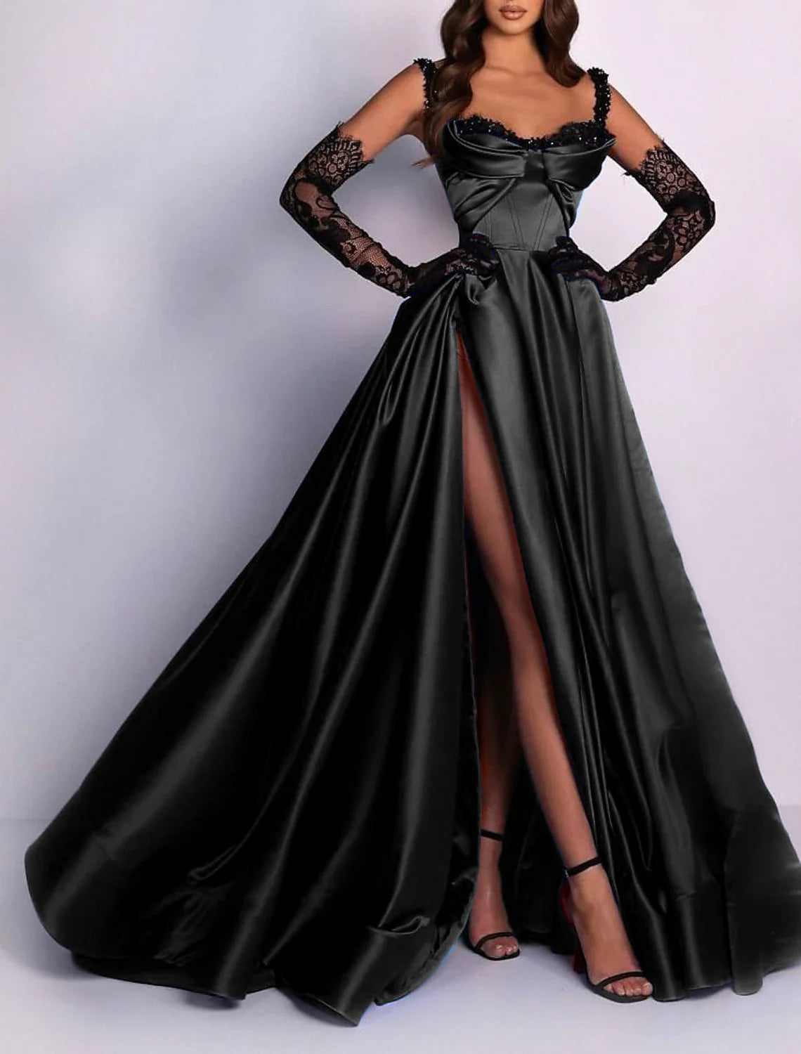 A-Line Evening Gown 1920s Black Dress Formal Masquerade Court Train Sleeveless Spaghetti Strap Satin with Slit