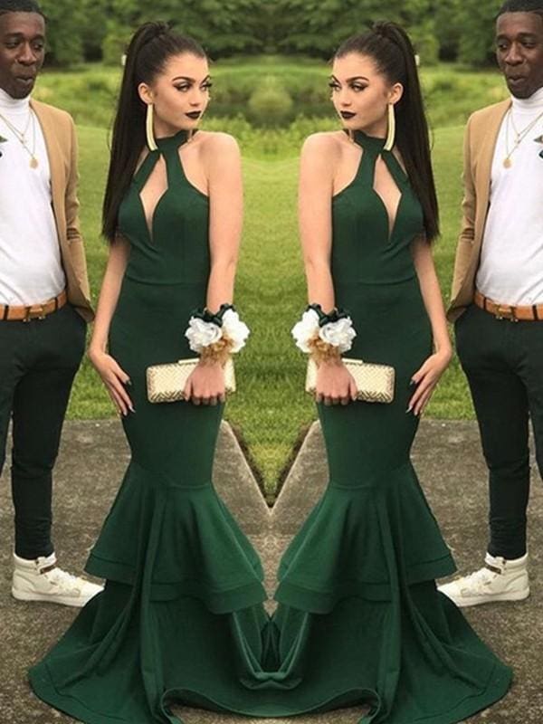 Halter Floor-Length Ruffles Mermaid Satin Prom Dresses
