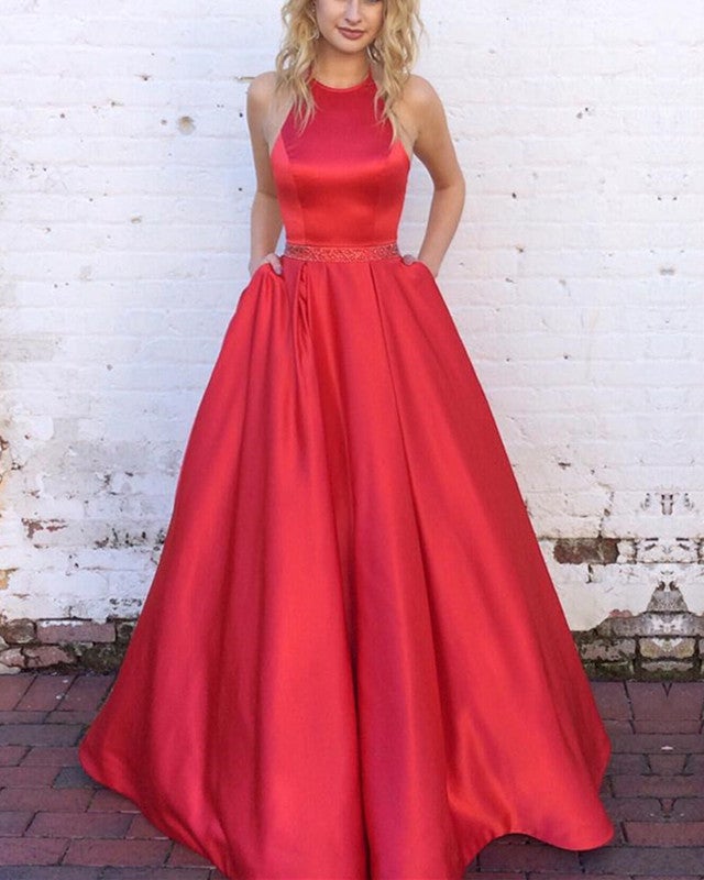 halter long satin ball gowns prom dresses open back