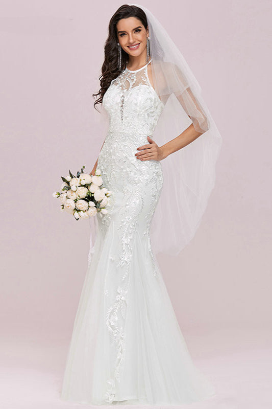 Halter Mermaid Lace Wedding Gowns with Sleeveless Design