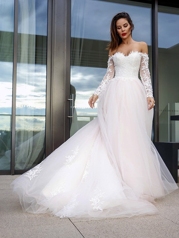 Aimishang  A-Line/Princess Long Sleeves Tulle Applique Off-the-Shoulder Court Train Wedding Dresses