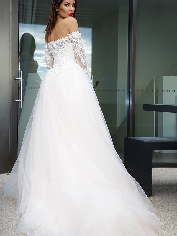 Aimishang  A-Line/Princess Long Sleeves Tulle Applique Off-the-Shoulder Court Train Wedding Dresses