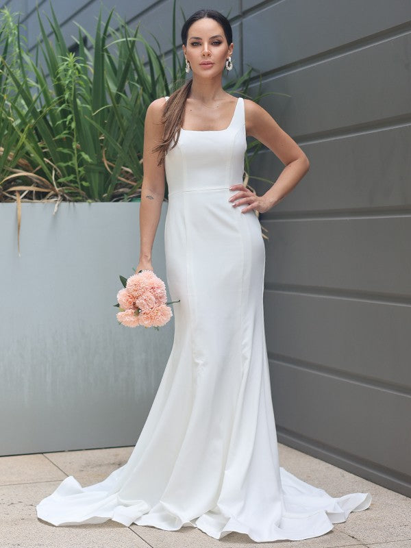 Aimishang  Sheath/Column Stretch Crepe Ruffles Straps Sleeveless Sweep/Brush Train Wedding Dresses