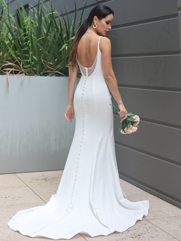 Aimishang  Sheath/Column Stretch Crepe Ruffles Straps Sleeveless Sweep/Brush Train Wedding Dresses