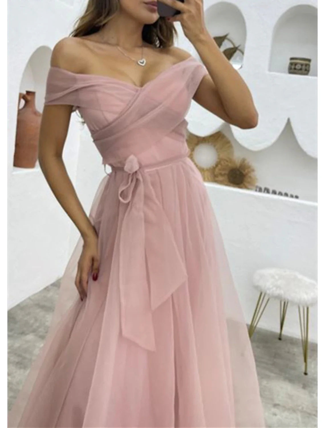 A-Line Evening Gown 1950s Dress Formal Wedding Reception Floor Length Sleeveless Off Shoulder Organza with Strappy