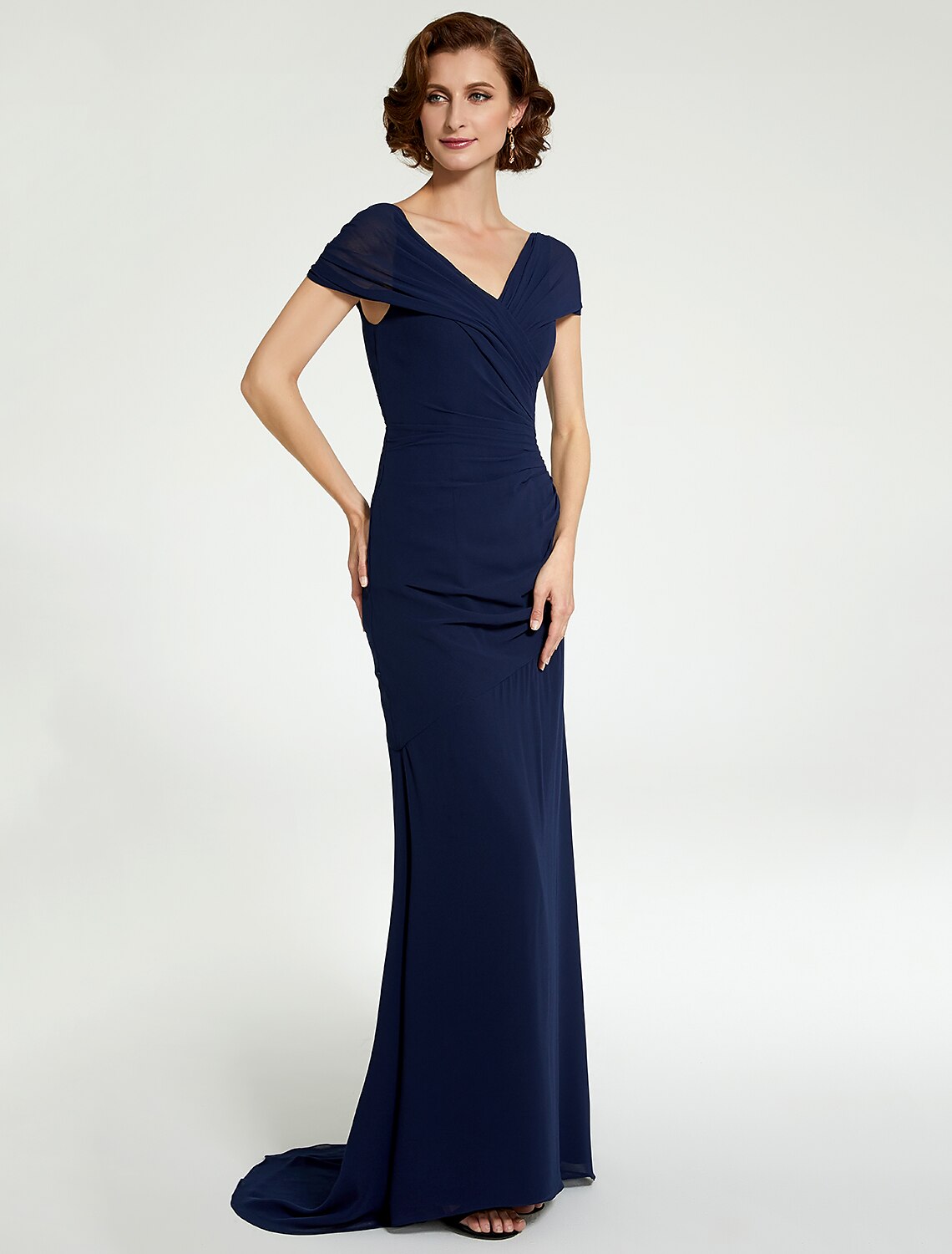 Aimishang A-Line Mother of the Bride Dress V Neck Floor Length Chiffon Sleeveless with Lace Ruching