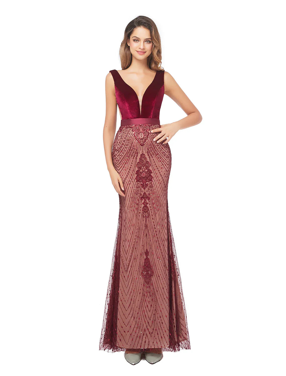 Mermaid Party Dress Evening Gown Luxurious Dress Formal Evening Sweep / Brush Train Sleeveless V Neck Fall Wedding Guest Velvet Backless with Beading