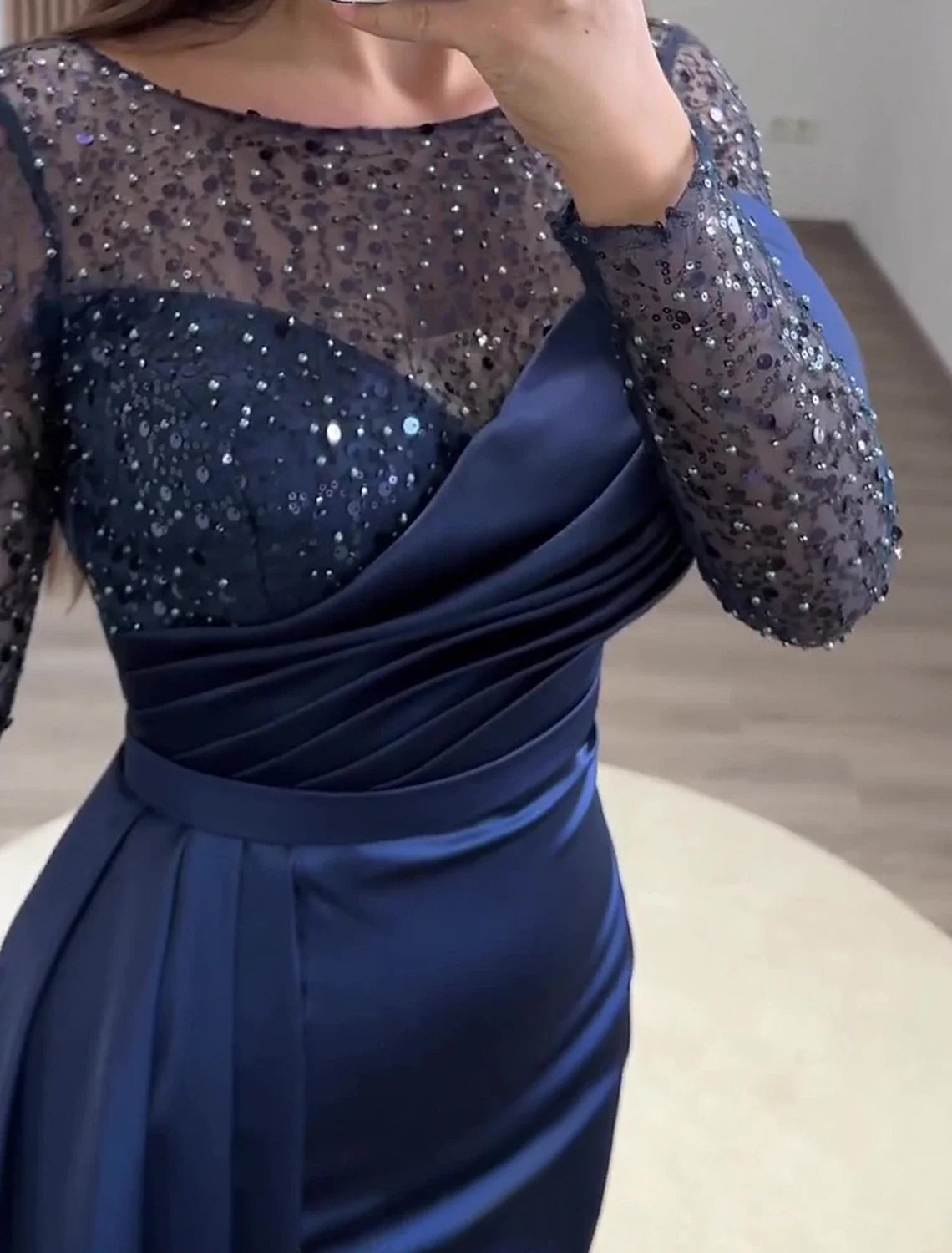 Mermaid Dress Evening Gown Red Green Dress Formal Wedding Guest Court Train Long Sleeve Jewel Neck Charmeuse with Ruched Pearls Sequin