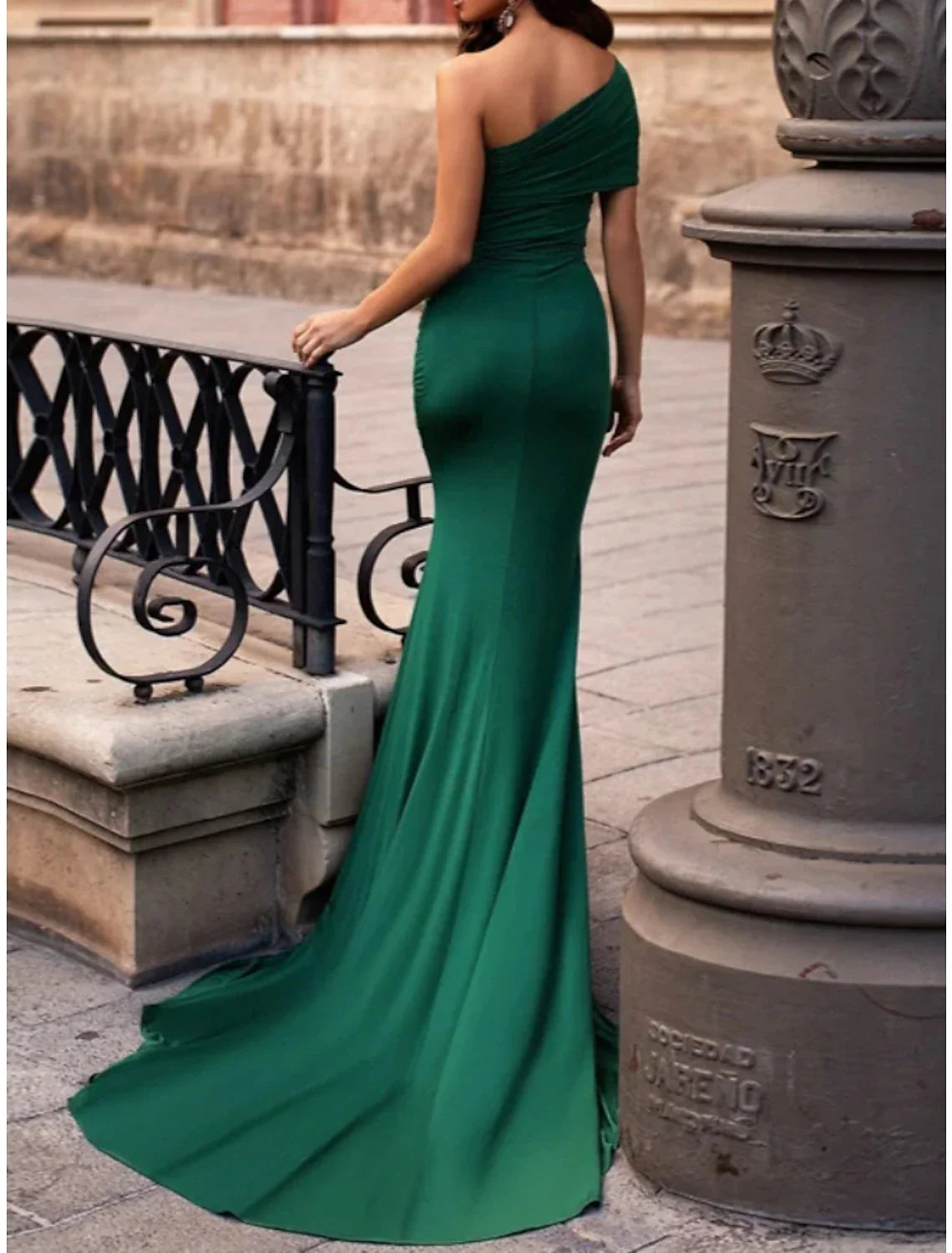Mermaid / Trumpet Evening Gown Elegant Dress Formal Court Train Christmas Red Green Dress Short Sleeve One Shoulder Stretch Fabric with Pleats Ruched Slit