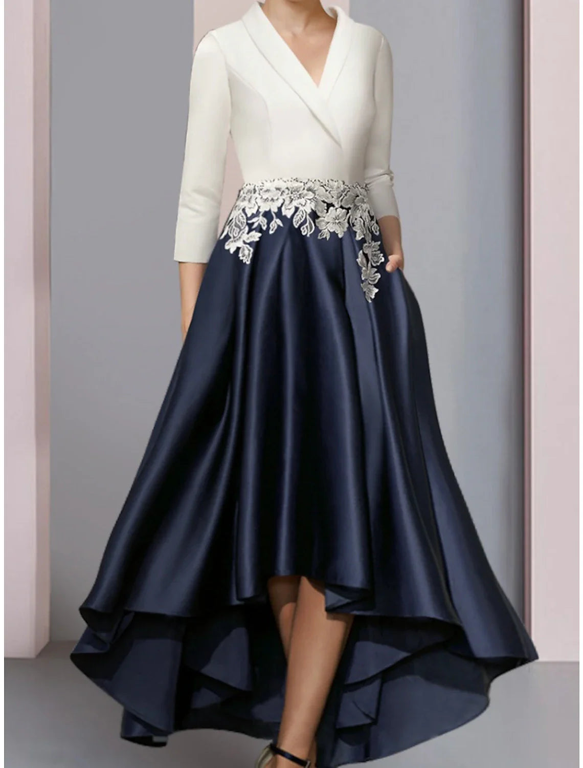 Aimishang A-Line Mother of the Bride Dress Wedding Guest Elegant V Neck Asymmetrical Satin Lace 3/4 Length Sleeve with Ruching