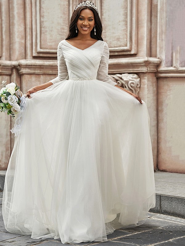 Aimishang A-Line/Princess Ruched Sweetheart Tulle 3/4 Sleeves Sweep/Brush Train Wedding Dresses