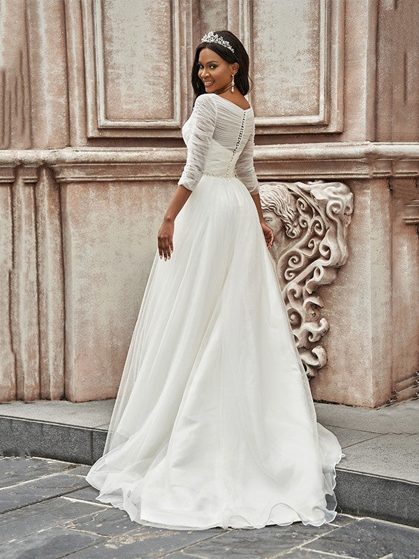 Aimishang A-Line/Princess Ruched Sweetheart Tulle 3/4 Sleeves Sweep/Brush Train Wedding Dresses