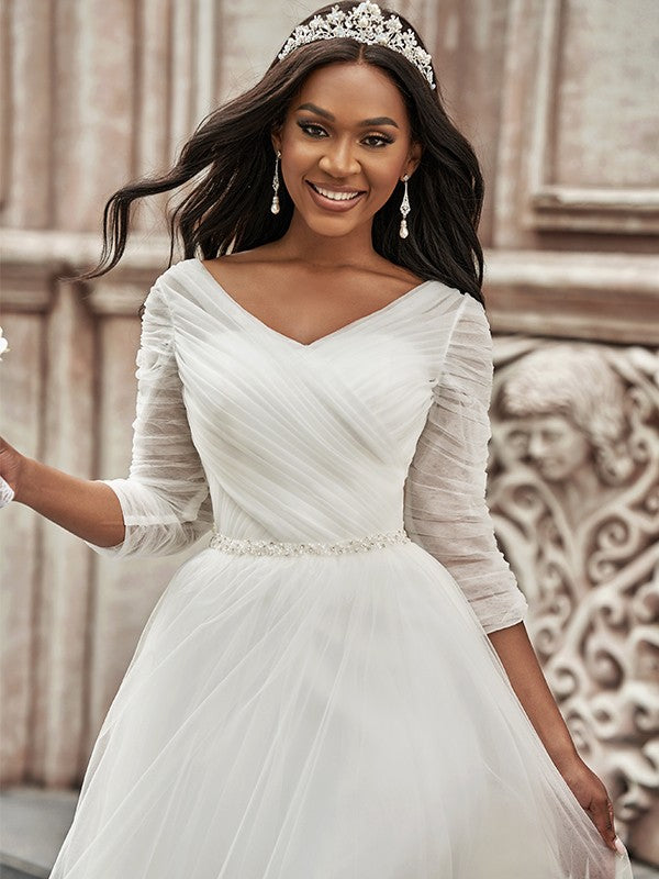 Aimishang A-Line/Princess Ruched Sweetheart Tulle 3/4 Sleeves Sweep/Brush Train Wedding Dresses