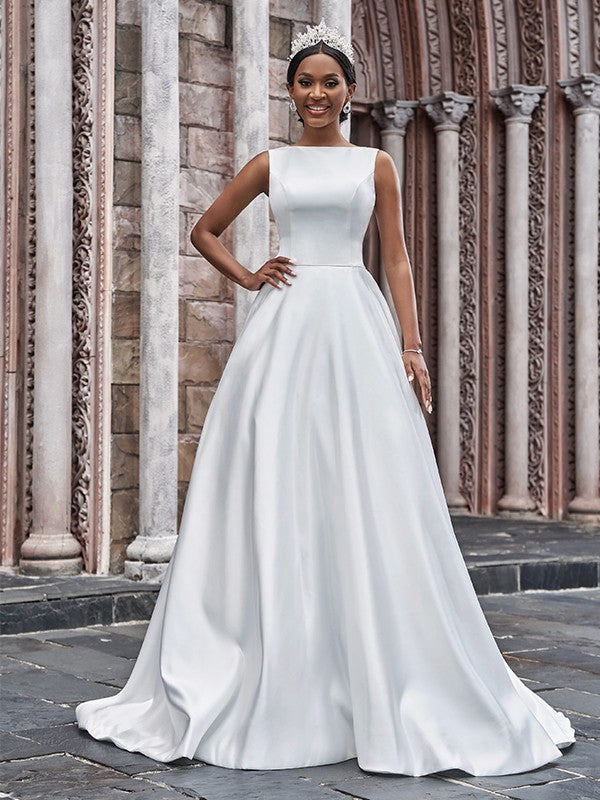 Aimishang  A-Line/Princess Satin Bateau Ruffles Sleeveless Sweep/Brush Train Wedding Dresses