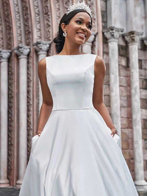 Aimishang  A-Line/Princess Satin Bateau Ruffles Sleeveless Sweep/Brush Train Wedding Dresses