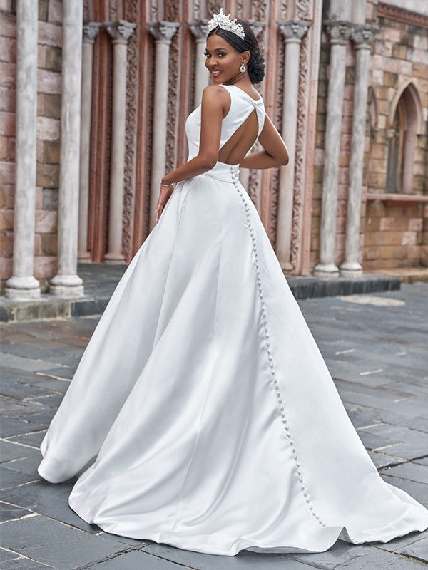 Aimishang  A-Line/Princess Satin Bateau Ruffles Sleeveless Sweep/Brush Train Wedding Dresses