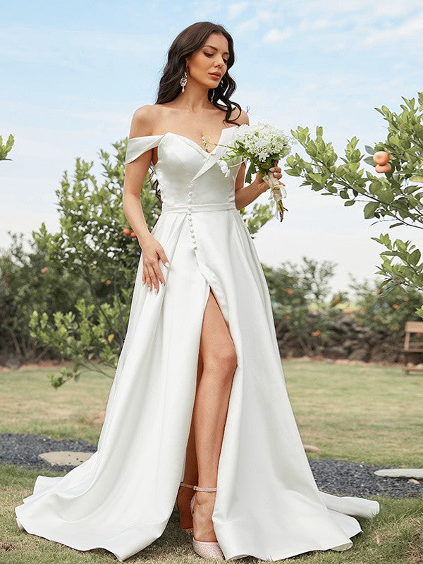 Aimishang  A-Line/Princess Satin Ruched Off-the-Shoulder Sleeveless Sweep/Brush Train Wedding Dresses
