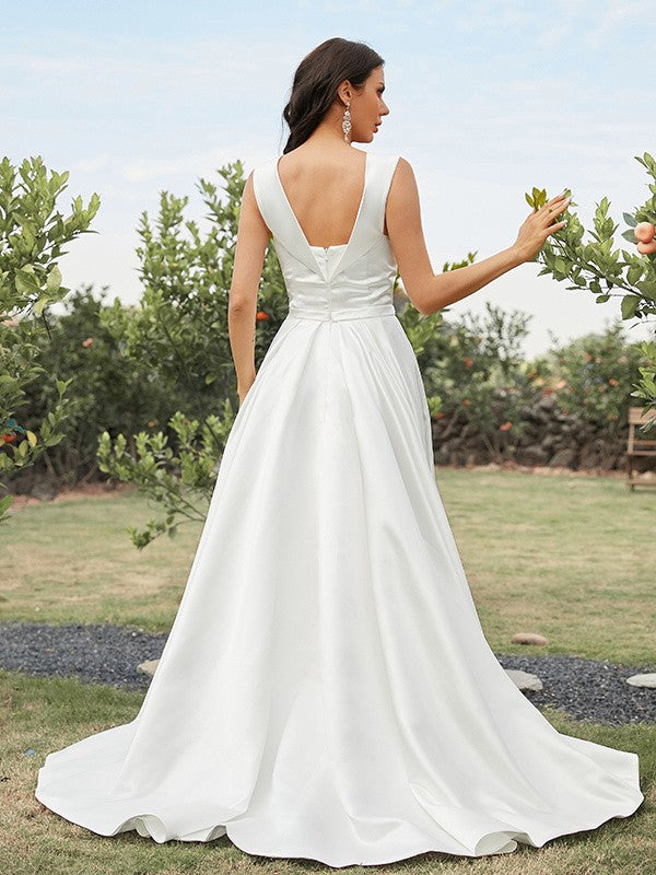 Aimishang  A-Line/Princess Satin Ruched Off-the-Shoulder Sleeveless Sweep/Brush Train Wedding Dresses