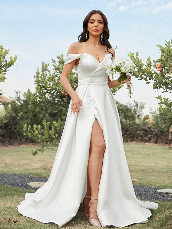 Aimishang  A-Line/Princess Satin Ruched Off-the-Shoulder Sleeveless Sweep/Brush Train Wedding Dresses