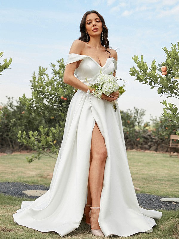 Aimishang  A-Line/Princess Satin Ruched Off-the-Shoulder Sleeveless Sweep/Brush Train Wedding Dresses