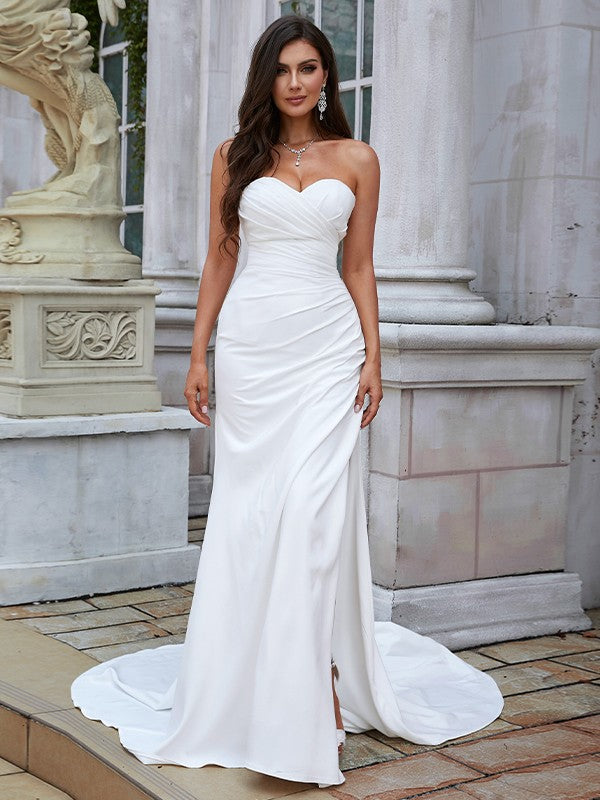 Aimishang Sheath/Column Stretch Crepe Ruched Sweetheart Sleeveless Sweep/Brush Train Wedding Dresses