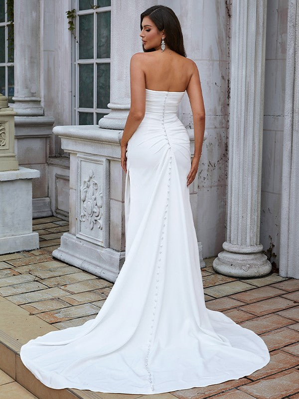 Aimishang Sheath/Column Stretch Crepe Ruched Sweetheart Sleeveless Sweep/Brush Train Wedding Dresses