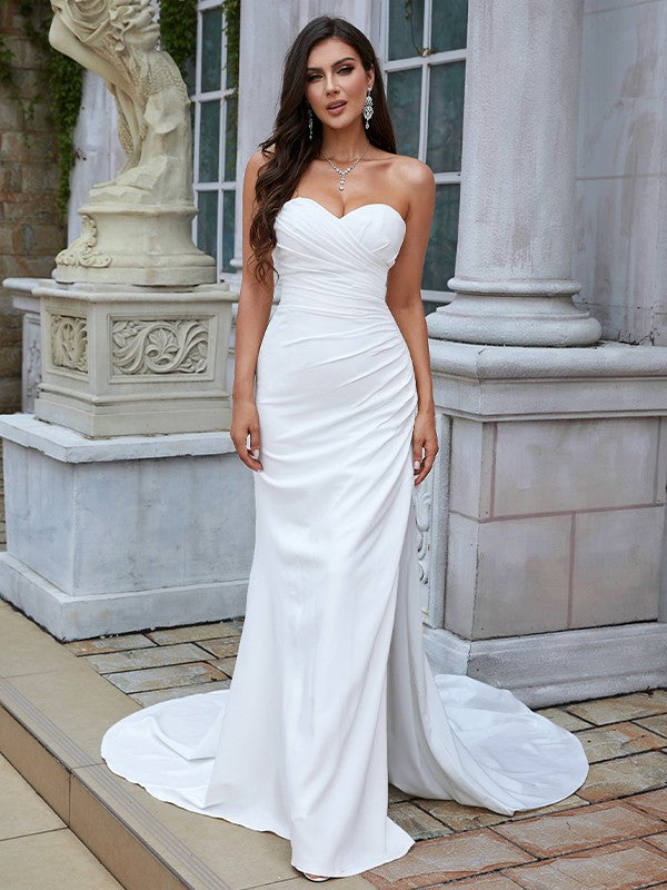 Aimishang Sheath/Column Stretch Crepe Ruched Sweetheart Sleeveless Sweep/Brush Train Wedding Dresses