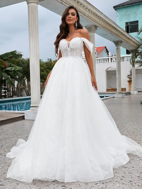 Aimishang  A-Line/Princess Lace Applique Off-the-Shoulder Sleeveless Sweep/Brush Train Wedding Dresses