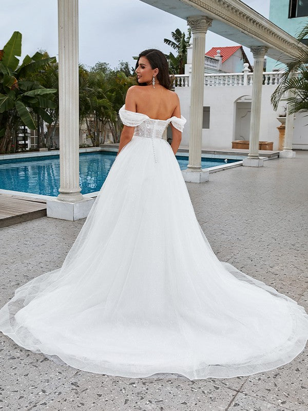 Aimishang  A-Line/Princess Lace Applique Off-the-Shoulder Sleeveless Sweep/Brush Train Wedding Dresses