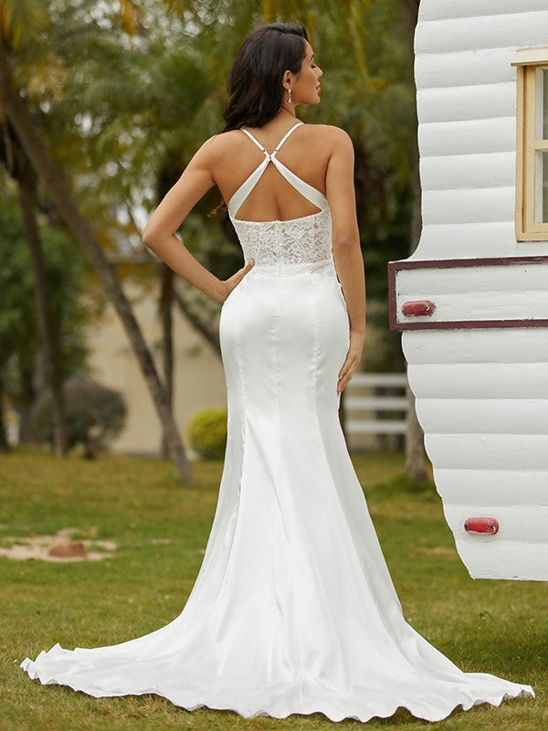 Aimishang  Sheath/Column Woven Satin Ruched Spaghetti Straps Sleeveless Court Train Wedding Dresses