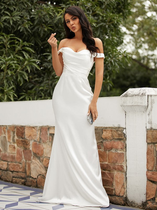 Aimishang  Sheath/Column Woven Satin Ruched Off-the-Shoulder Sleeveless Sweep/Brush Train Wedding Dresses