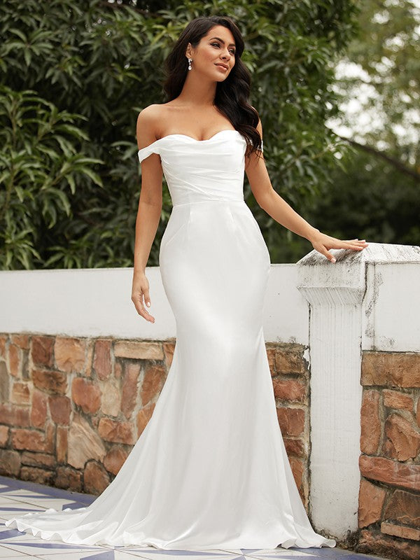 Aimishang  Sheath/Column Woven Satin Ruched Off-the-Shoulder Sleeveless Sweep/Brush Train Wedding Dresses