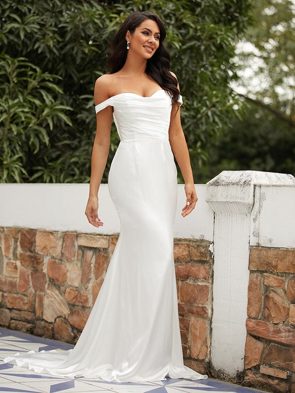 Aimishang  Sheath/Column Woven Satin Ruched Off-the-Shoulder Sleeveless Sweep/Brush Train Wedding Dresses