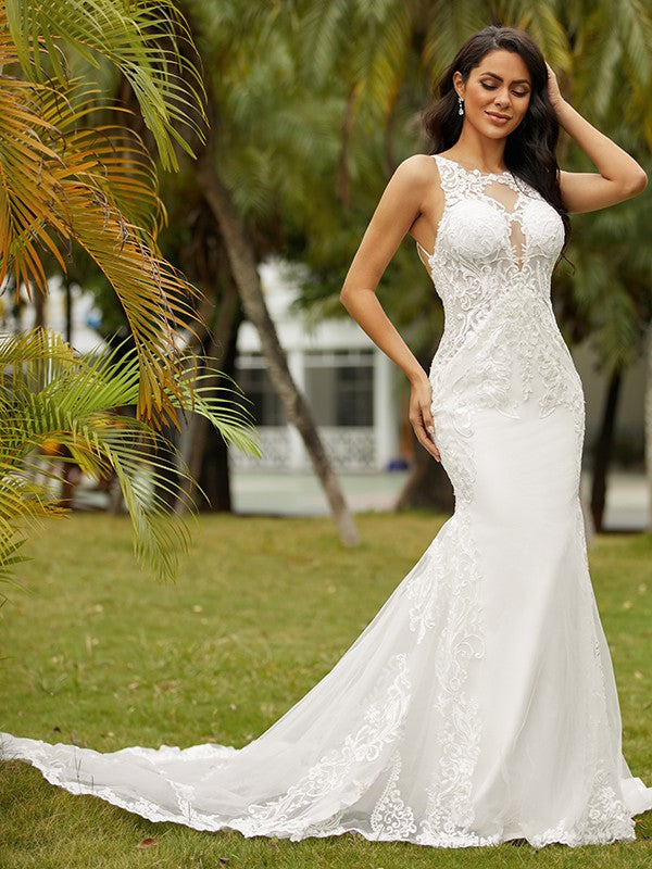 Aimishang  Sheath/Column Stretch Crepe Lace Scoop Sleeveless Cathedral Train Wedding Dresses