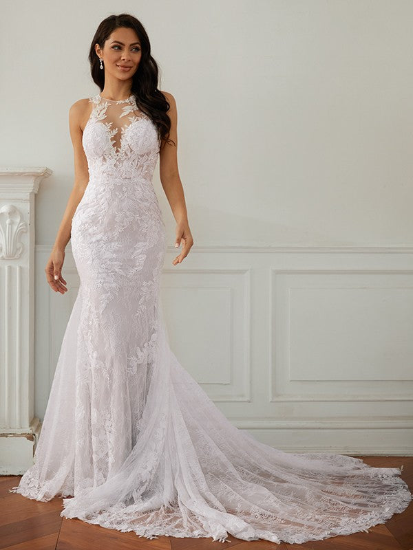 Wholesale Sheath/Column Lace Scoop Sleeveless Court Train Wedding Dresses