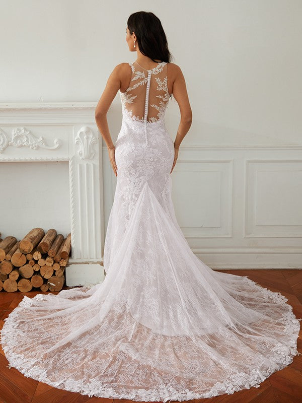 Wholesale Sheath/Column Lace Scoop Sleeveless Court Train Wedding Dresses