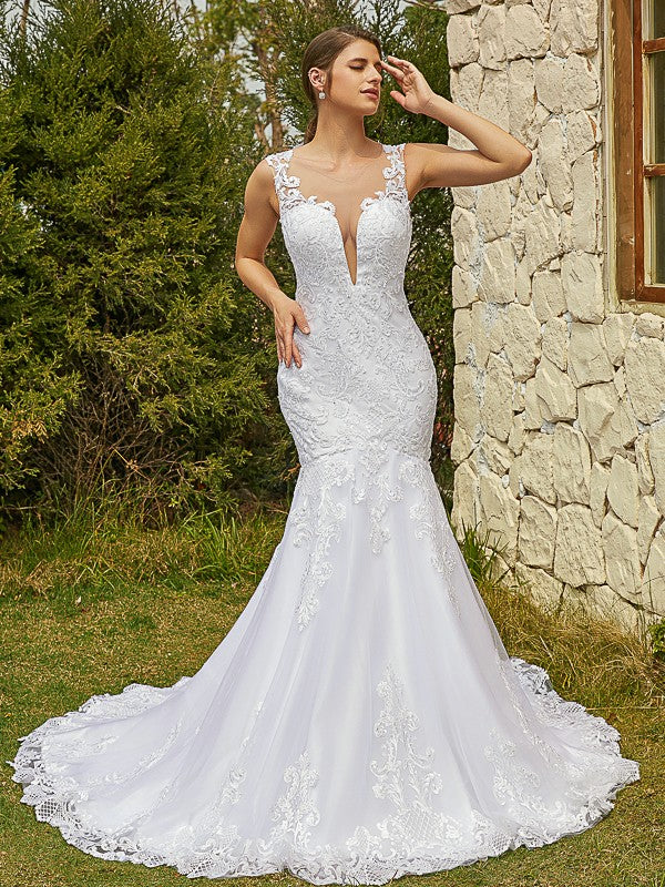 Aimishang  Trumpet/Mermaid Tulle Lace Scoop Sleeveless Court Train Wedding Dresses