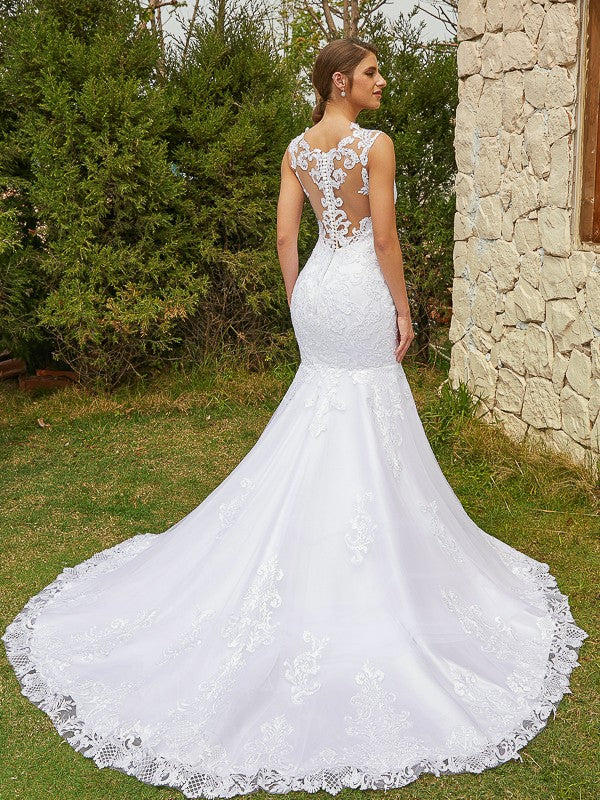 Aimishang  Trumpet/Mermaid Tulle Lace Scoop Sleeveless Court Train Wedding Dresses