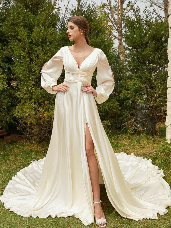 Aimishang  A-Line/Princess Satin Chiffon Ruched V-neck Long Sleeves Cathedral Train Wedding Dresses