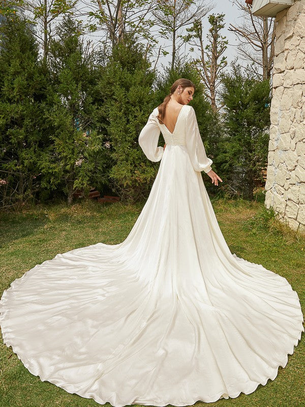 Aimishang  A-Line/Princess Satin Chiffon Ruched V-neck Long Sleeves Cathedral Train Wedding Dresses