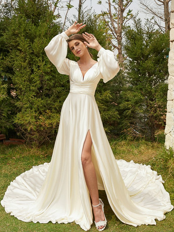Aimishang  A-Line/Princess Satin Chiffon Ruched V-neck Long Sleeves Cathedral Train Wedding Dresses