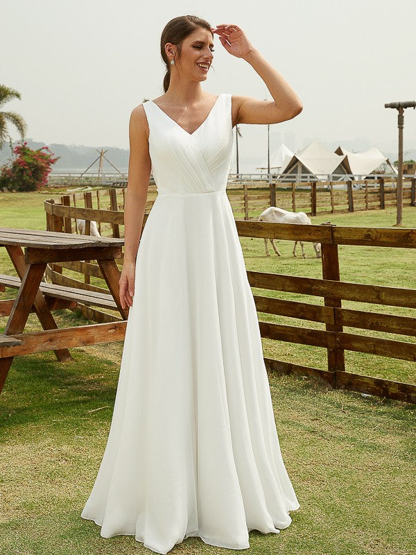 Aimishang A-Line/Princess Chiffon Ruched V-neck Sleeveless Floor-Length Wedding Dresses