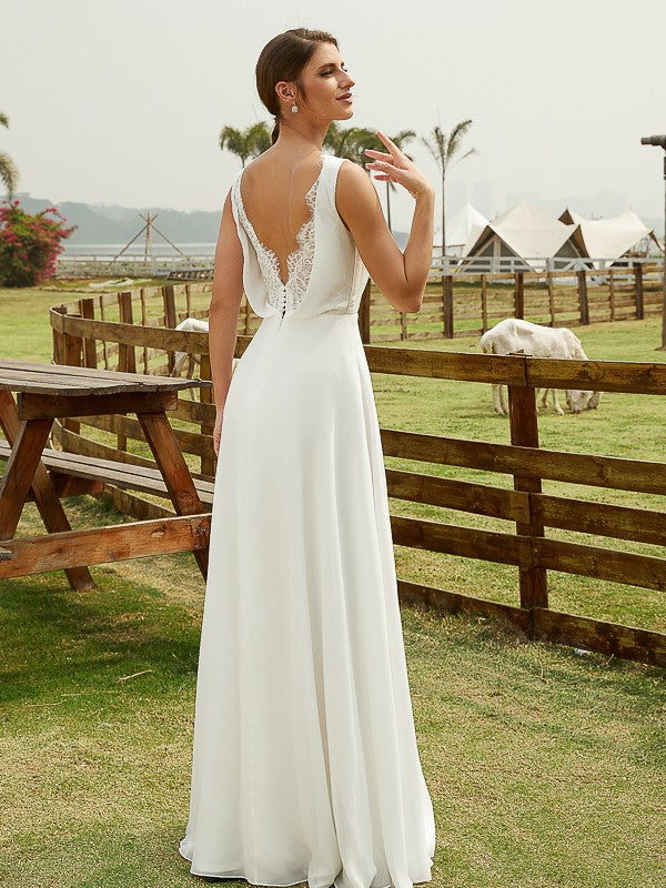 Aimishang A-Line/Princess Chiffon Ruched V-neck Sleeveless Floor-Length Wedding Dresses
