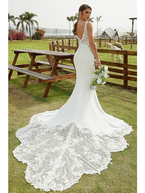 Aimishang  Sheath/Column Stretch Crepe Lace V-neck Sleeveless Cathedral Train Wedding Dresses