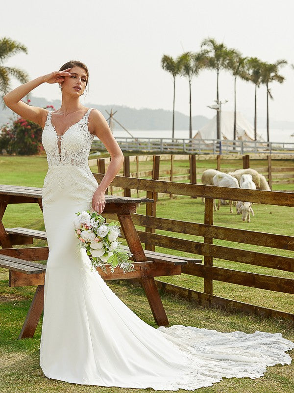 Aimishang  Sheath/Column Stretch Crepe Lace V-neck Sleeveless Cathedral Train Wedding Dresses